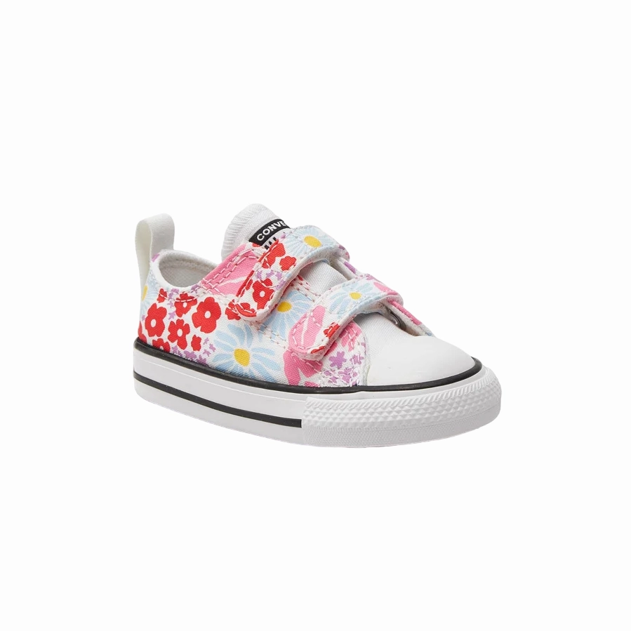  Converse scarpa sneakers da bambina con 2 strappi a fantasia fiori A06340C bianco-celeste-rosa