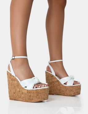 Sandy White PU Knot Strap Round Toe Cork Wedge Heels 