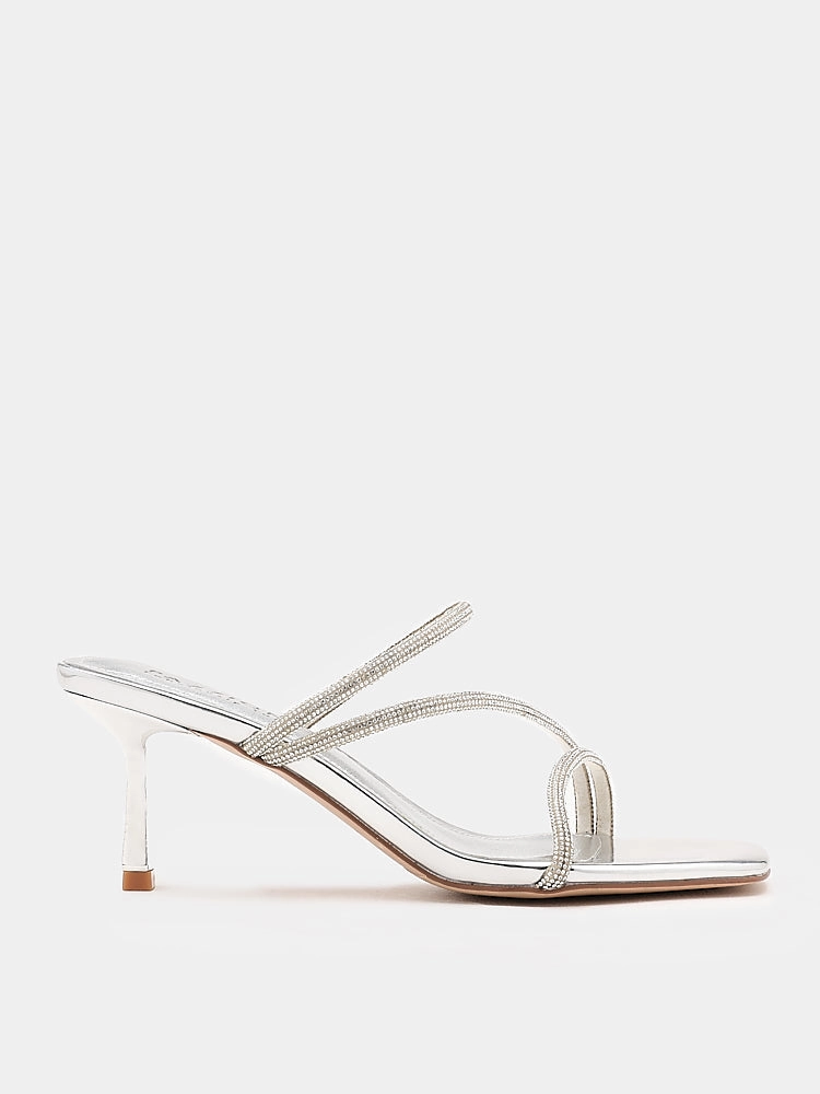 Stacey Strappy Silver Sparkly Open Toe Heels