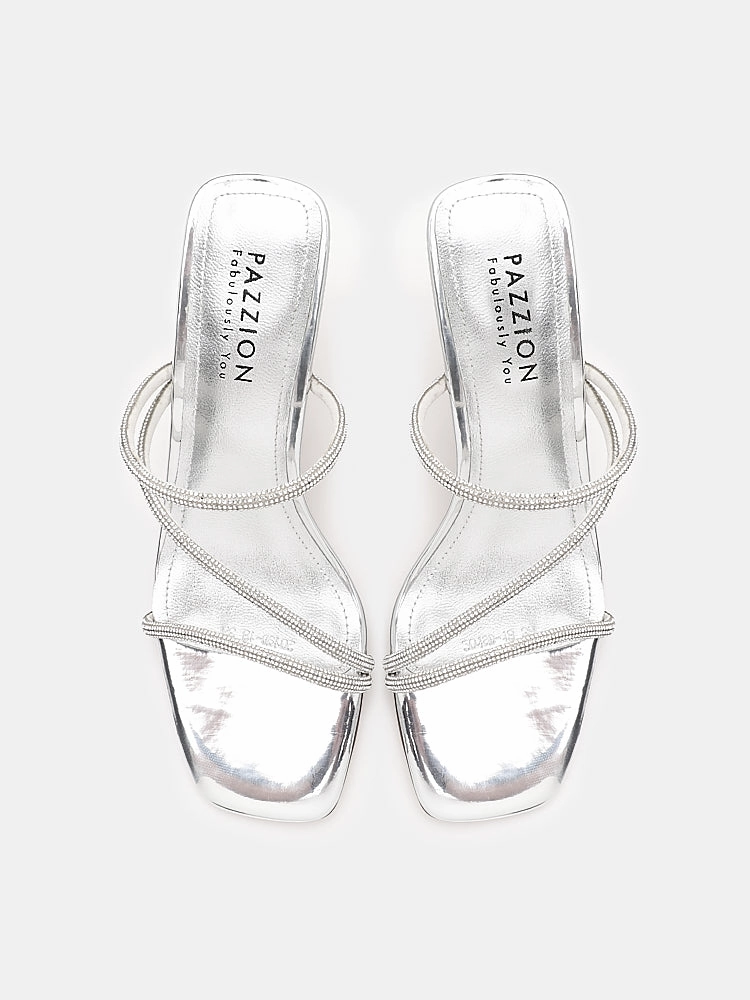 Stacey Strappy Silver Sparkly Open Toe Heels