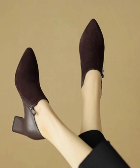 Suede Zippered Splicing Boutique Brown Chunky Heels Pointed Toe AP1021