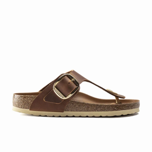 Birkenstock Women's Gizeh Big Buckle Oiled Leather Cognac Sandals In Montego Bay