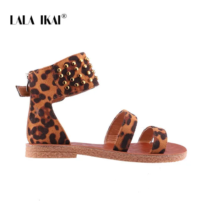 LALA IKAI Women Sandals Summer Outside Gladiator Ladies Flat Sandals Rivet Flock Cover Heel Zipper Female Sandalias 014A3607-4 Dress Sandals Reviews