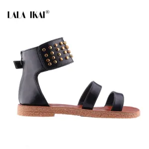 Walking Sandals Arch Support LALA IKAI Women Sandals Summer Outside Gladiator Ladies Flat Sandals Rivet Flock Cover Heel Zipper Female Sandalias 014A3607-4