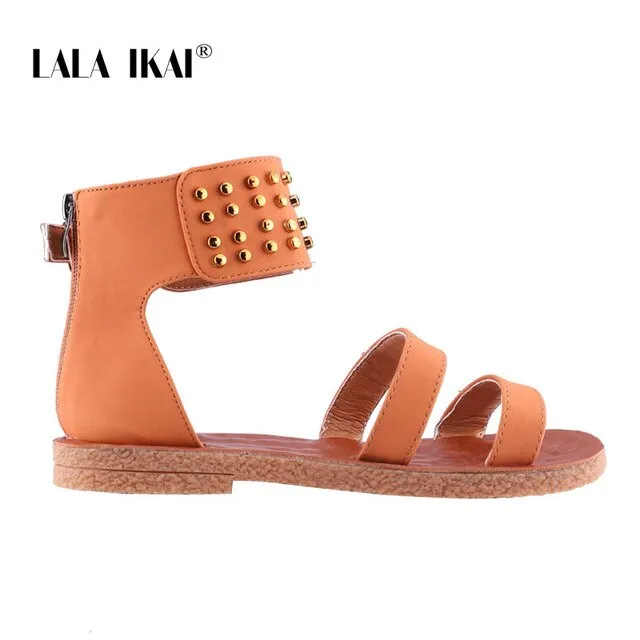 LALA IKAI Women Sandals Summer Outside Gladiator Ladies Flat Sandals Rivet Flock Cover Heel Zipper Female Sandalias 014A3607-4 Italian Shoemakers Sandals
