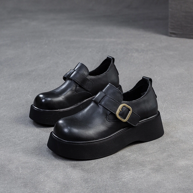 Women Retro Solid Soft Leather Round Head Loafers Loafers For Bunions