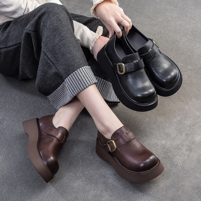 Women Retro Solid Soft Leather Round Head Loafers Crazy Horse Leather Loafers