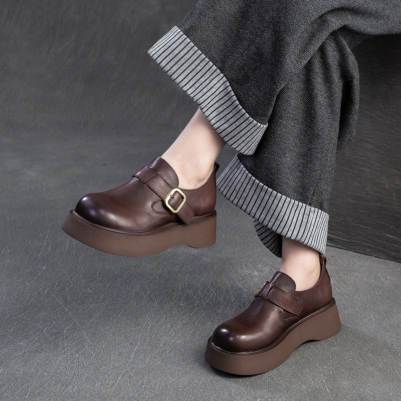 Sporty And Rich Loafers Women Retro Solid Soft Leather Round Head Loafers