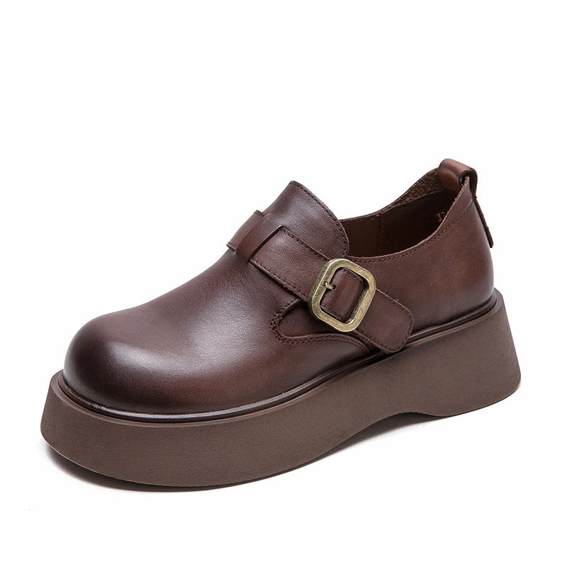 Women Retro Solid Soft Leather Round Head Loafers Bamboo Loafers