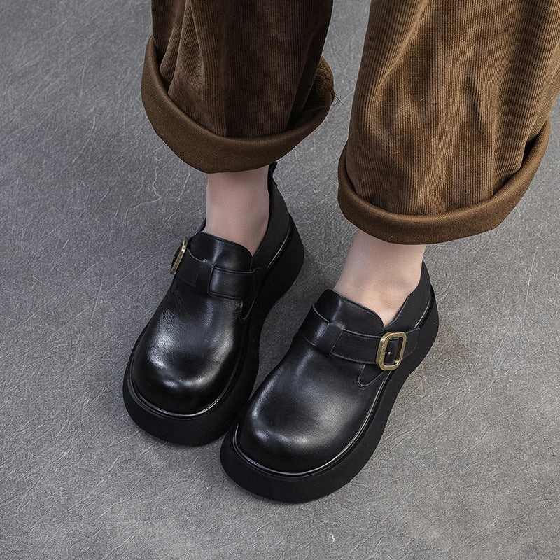 Loafers Wiki Women Retro Solid Soft Leather Round Head Loafers