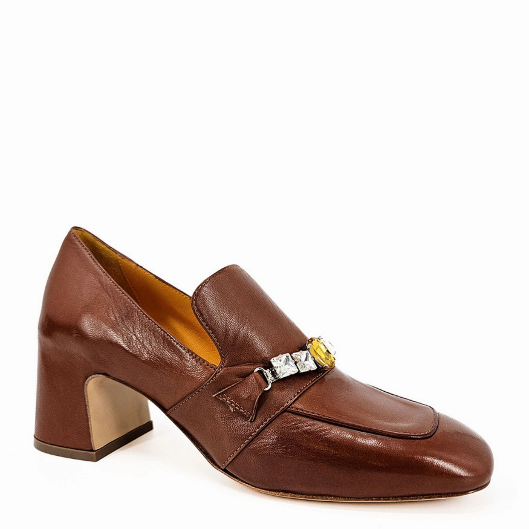 Cognac Leather Mid Heel Jeweled Loafer Skip And Loafers