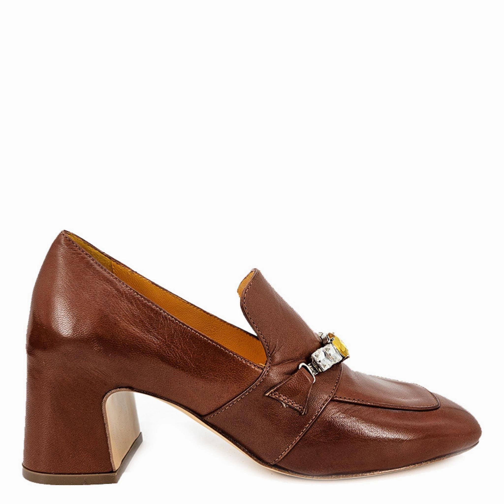 Cognac Leather Mid Heel Jeweled Loafer Leather Loafers With Buckle