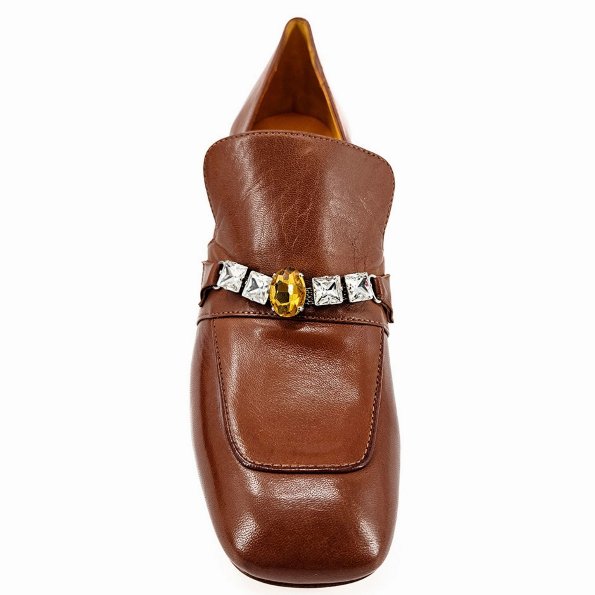 Cognac Leather Mid Heel Jeweled Loafer Resort Loafers