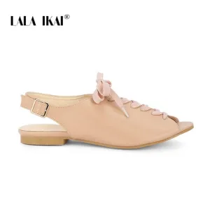 Trendy Sandals 2025 LALA IKAI Lace Up Sandals Women Summer Casual Peep Toe Flats Shoes Woman PU Leather Back Strap Low Heels Sandalie 014A3794-4