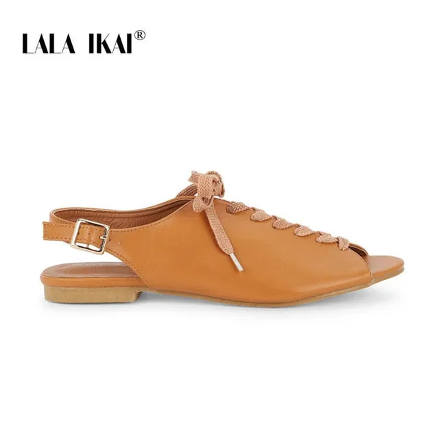 Sandals Negril Beach Resort And Spa Negril Jamaica LALA IKAI Lace Up Sandals Women Summer Casual Peep Toe Flats Shoes Woman PU Leather Back Strap Low Heels Sandalie 014A3794-4