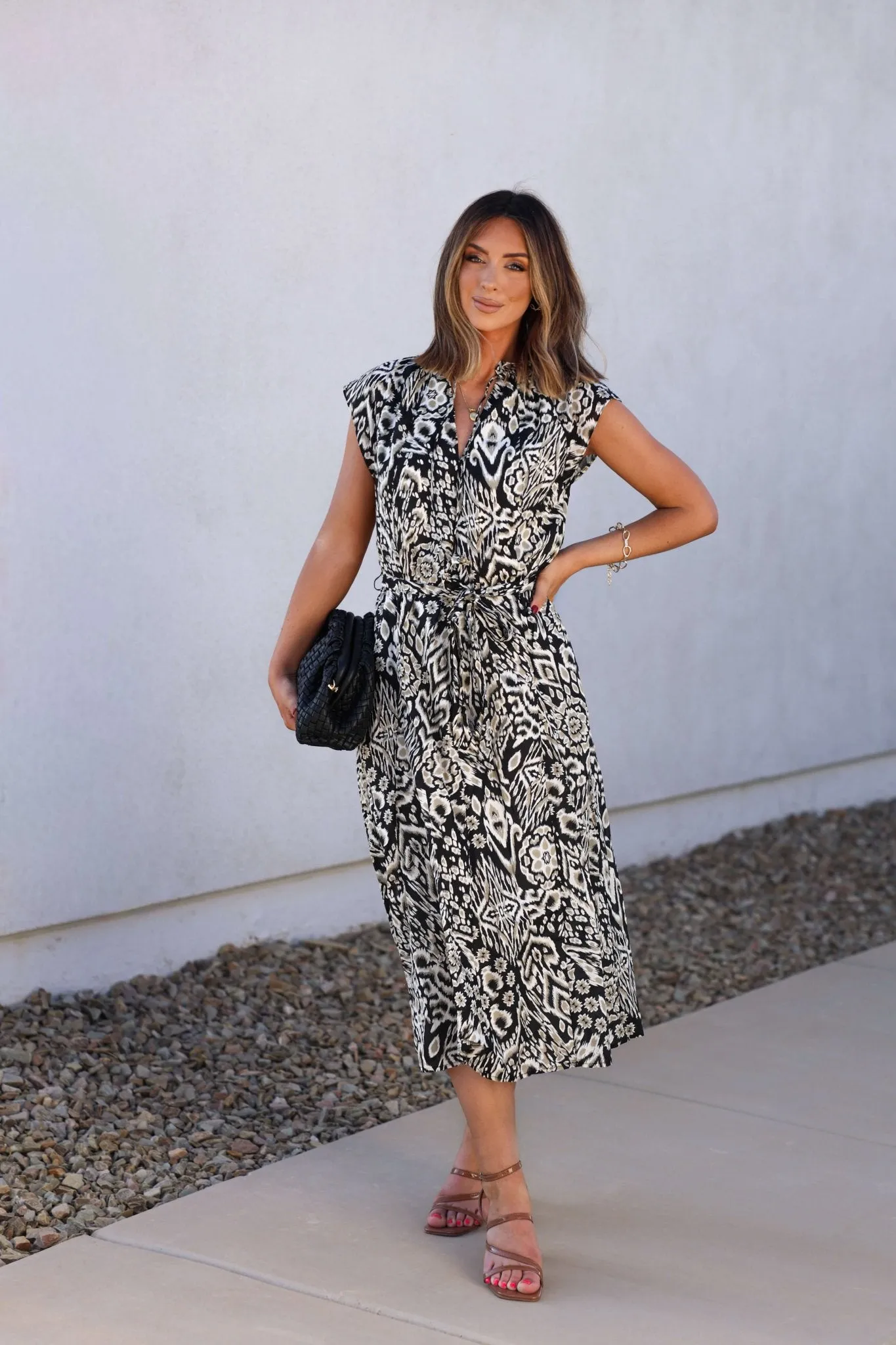 Locations Map Elan Black Print Belted Midi Dress - FINAL SALE