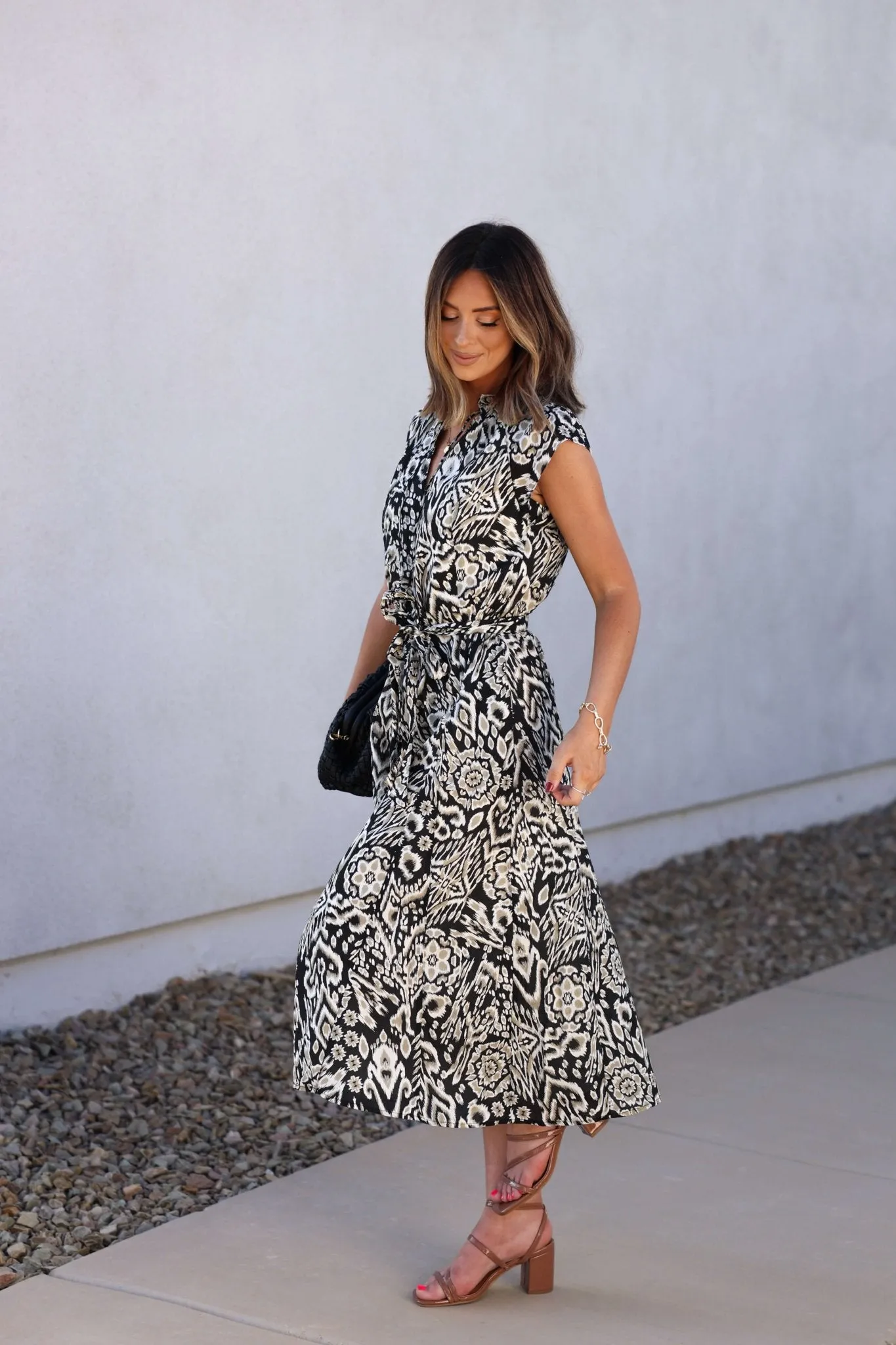 Block Heeled Sandals Elan Black Print Belted Midi Dress - FINAL SALE