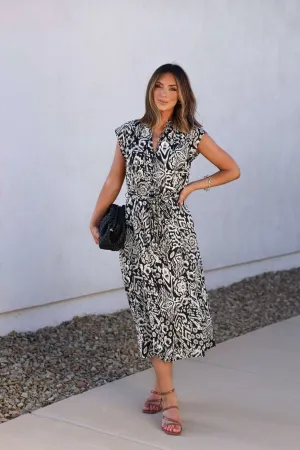 Elan Black Print Belted Midi Dress - FINAL SALE Sandals Exuma