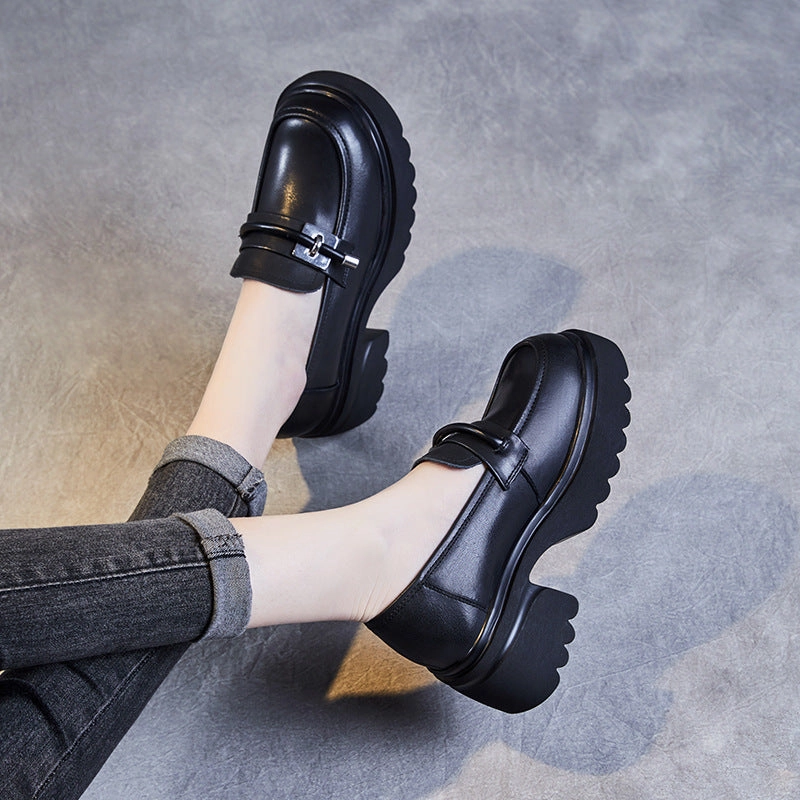 Women Retro Leather Casual Chunky Platform Loafers Ugg Slippers Loafers