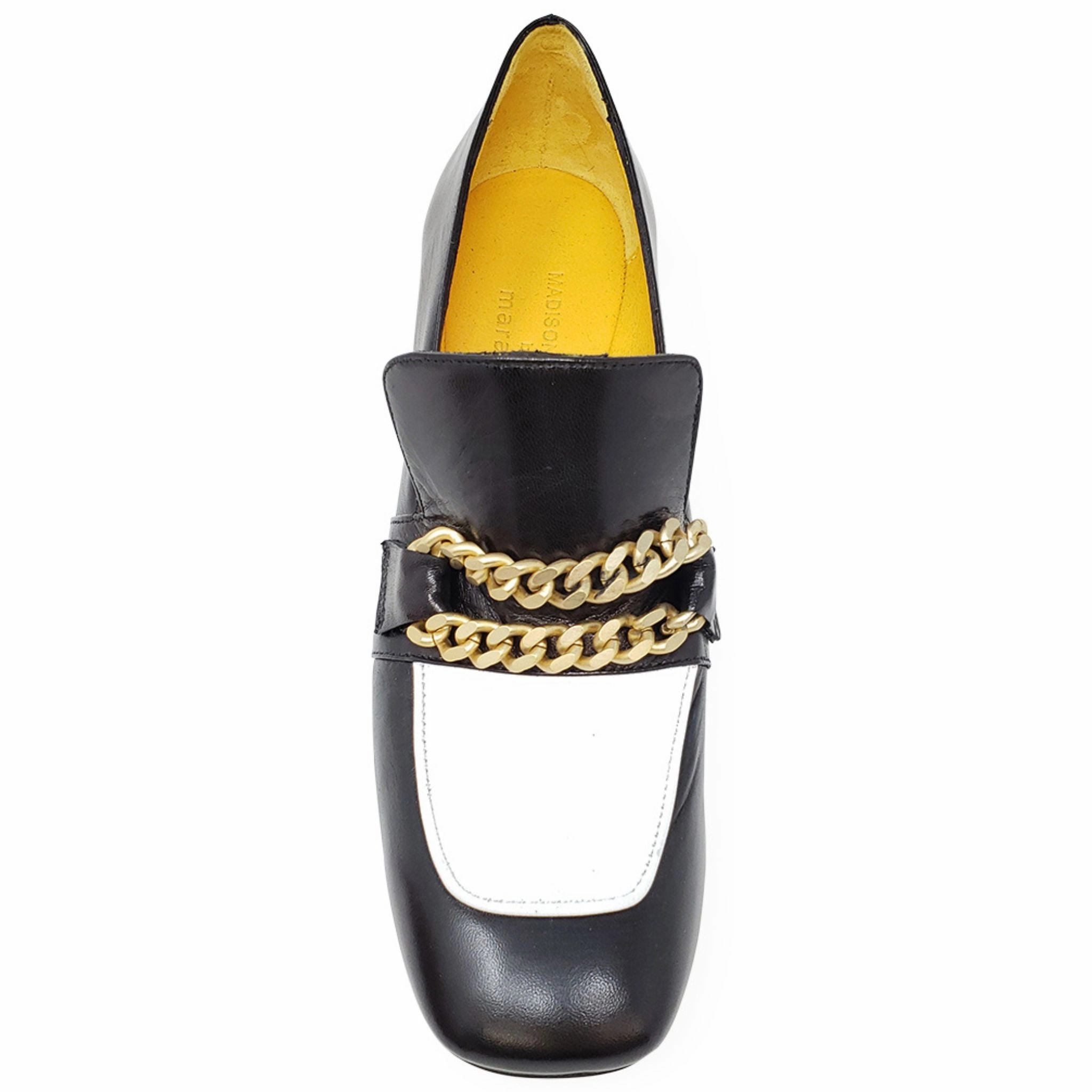 Black & White Leather Mid Heel Loafer W/Chain