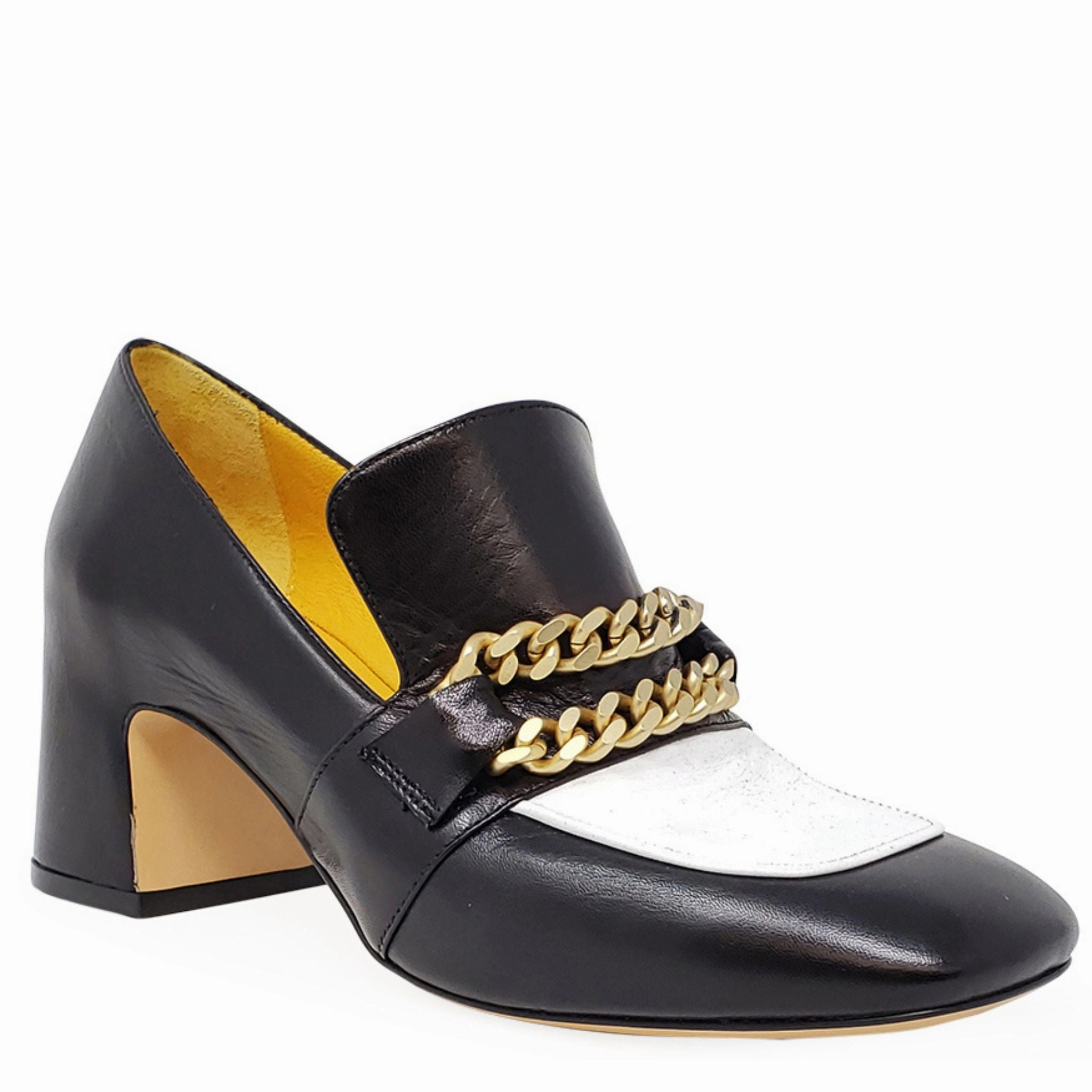 Black & White Leather Mid Heel Loafer W/Chain Phat Farm Loafers