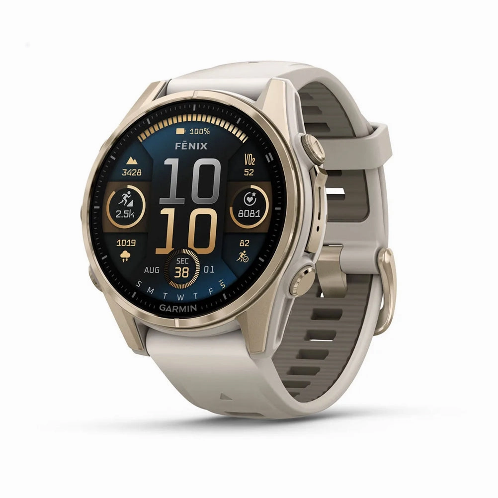 Garmin Fnix 8 AMOLED 43 mm Running Watch - Sapphire, Soft Gold with Fog grey/dark sandstone silicone band Free Metcon 5 Training Shoes