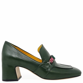 Penny Loafers With Tuxedo Green Leather Mid Heel Jeweled Loafer