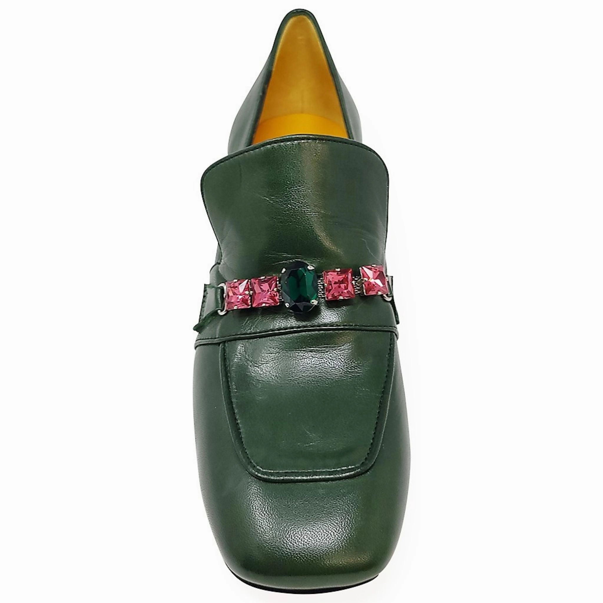 Green Leather Mid Heel Jeweled Loafer Sling Back Loafers