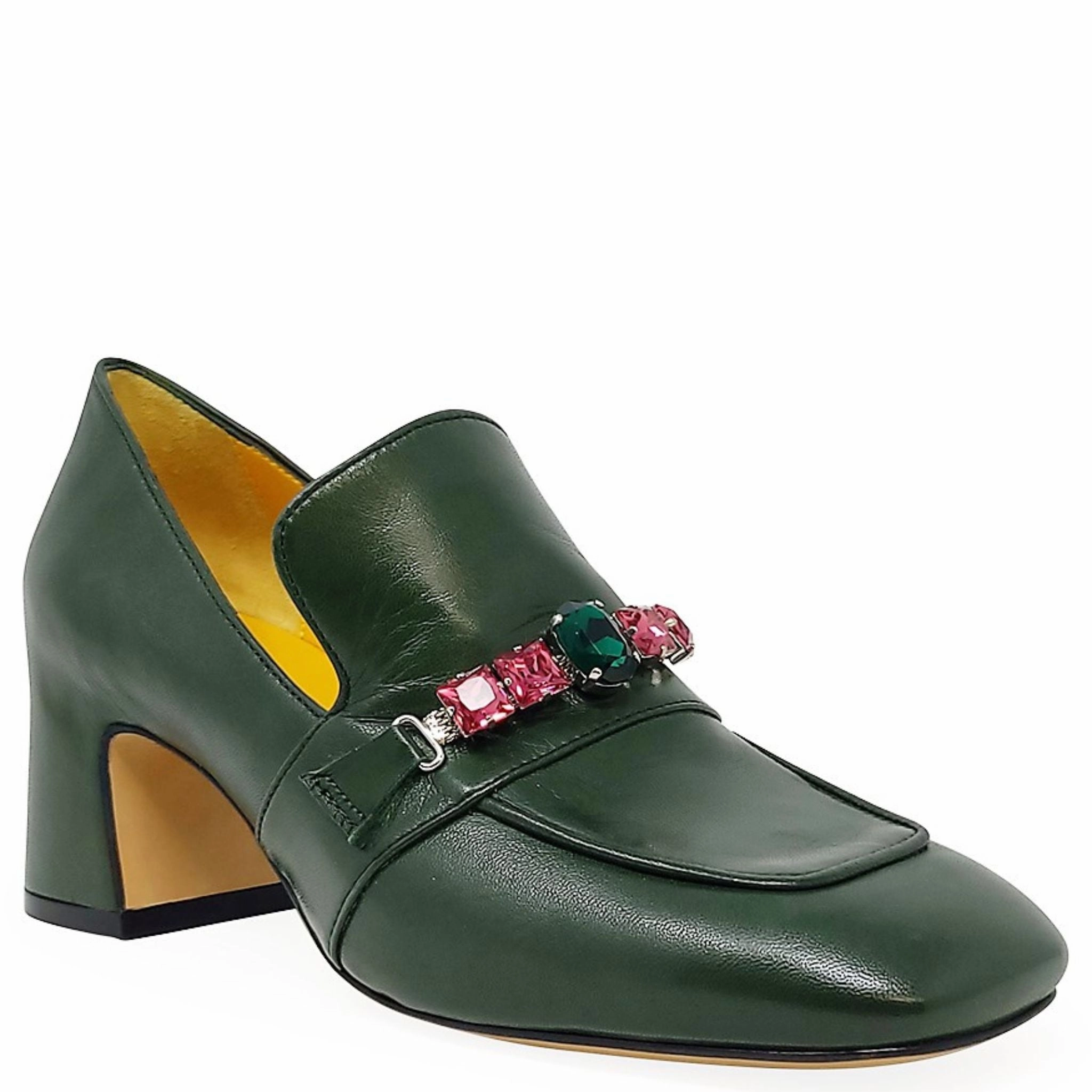 Green Leather Mid Heel Jeweled Loafer Brighton Loafers