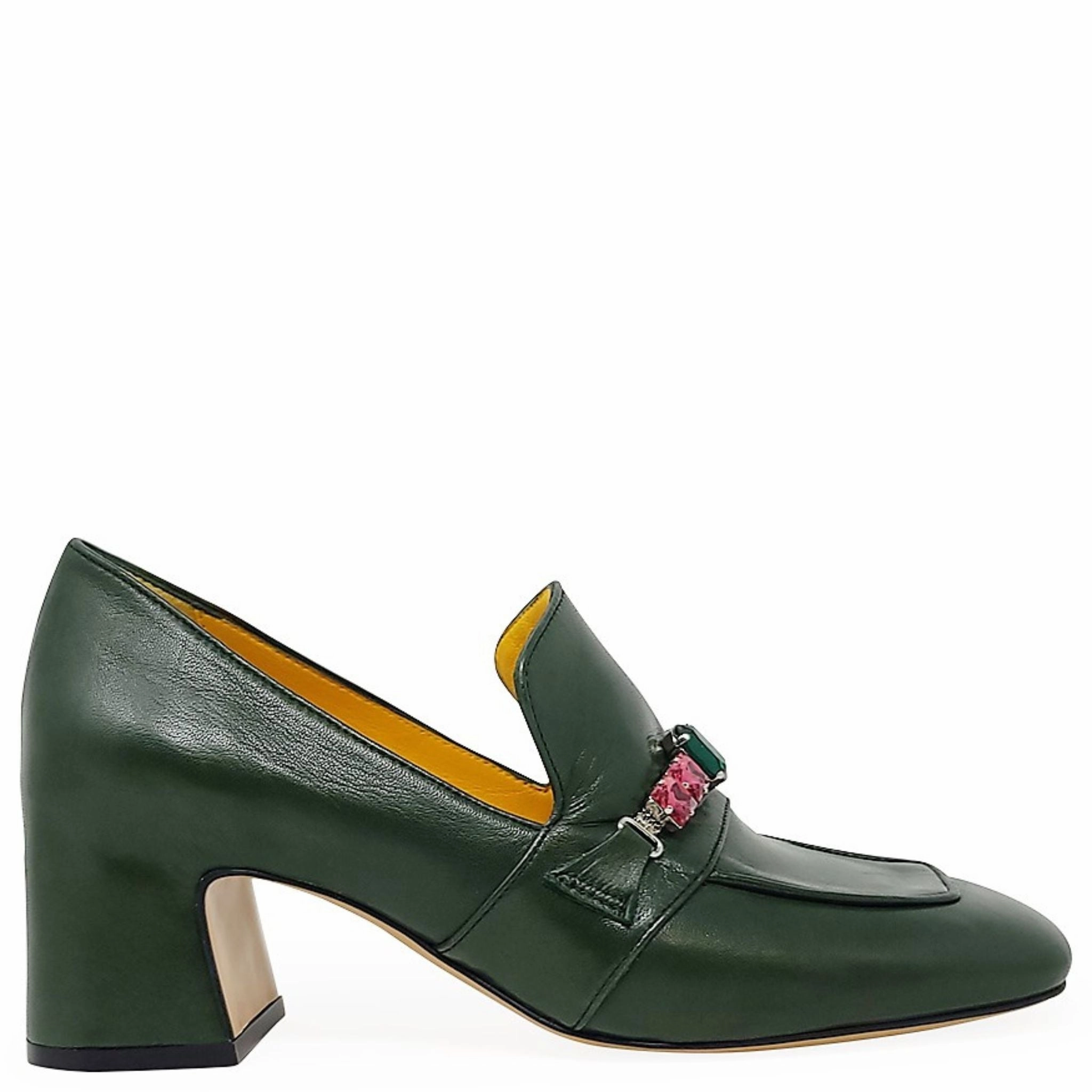 Green Leather Mid Heel Jeweled Loafer Mk Shoes Loafers