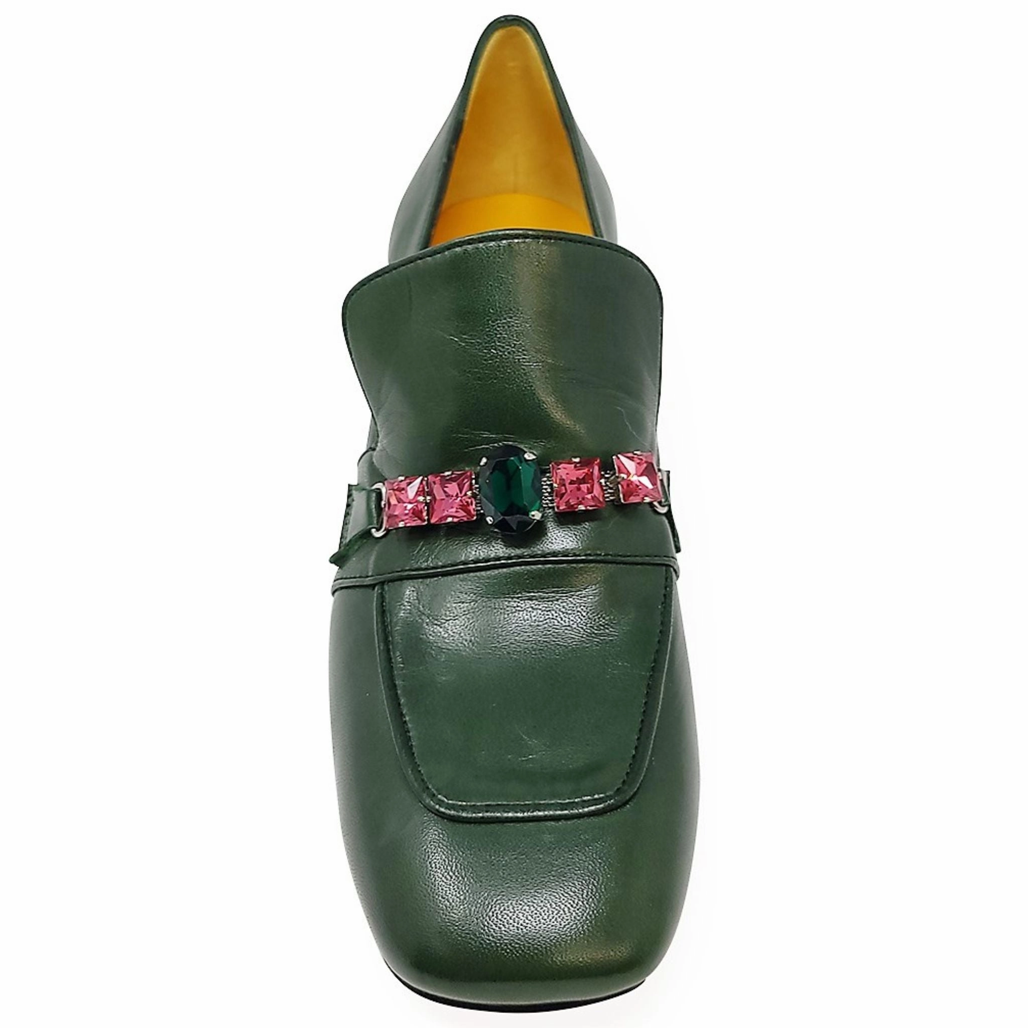 Green Leather Mid Heel Jeweled Loafer