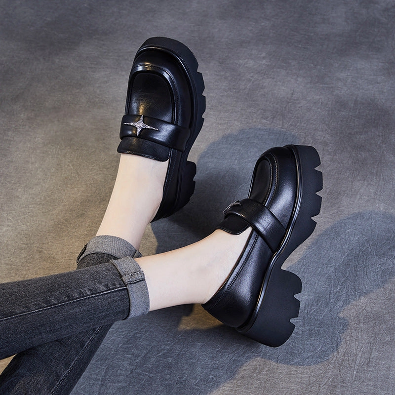 Fur Lined Loafers Women Retro Leather Platform Casual Loafers