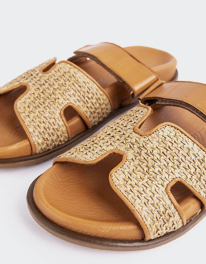 Gustave Tan Raffia Buckle Strap Sandals