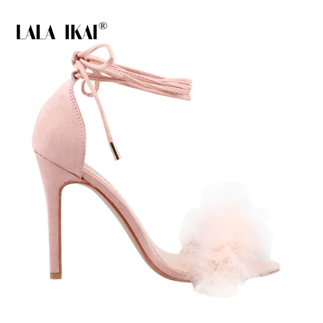 LALA IKAI Ankle Strap Sandals Women High Heels Summer Sexy Party Shoes Fur Flock Lace-Up Square Heels Sandalie 014C3569-45 Sandals For Wedding