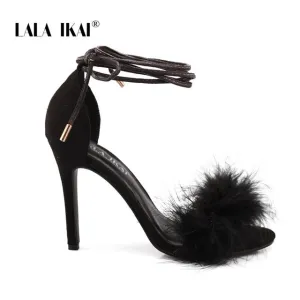 LALA IKAI Ankle Strap Sandals Women High Heels Summer Sexy Party Shoes Fur Flock Lace-Up Square Heels Sandalie 014C3569-45 Minimalist Sandals