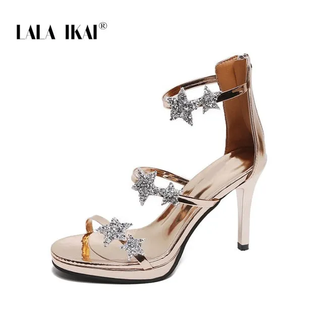 Havana Sandals LALA IKAI High Heel Sandals Women Summer Rhinestones Ladies Gladiator Sandal High Heel Flock Peep Toe Sandalie Female XWC10150