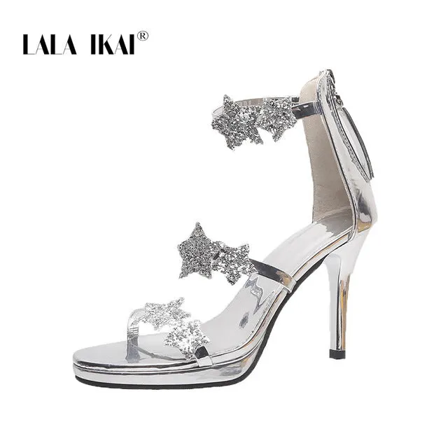 LALA IKAI High Heel Sandals Women Summer Rhinestones Ladies Gladiator Sandal High Heel Flock Peep Toe Sandalie Female XWC10150 Sandals Tom Ford