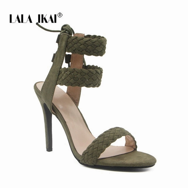 Sandals Dunn's River Jamaica LALA IKAI Women Ankle Strap Sandals Fashion High Heels Sandal Summer Weaving Thin Heels Women Pumps Shoes Ladies 014B0174 -4