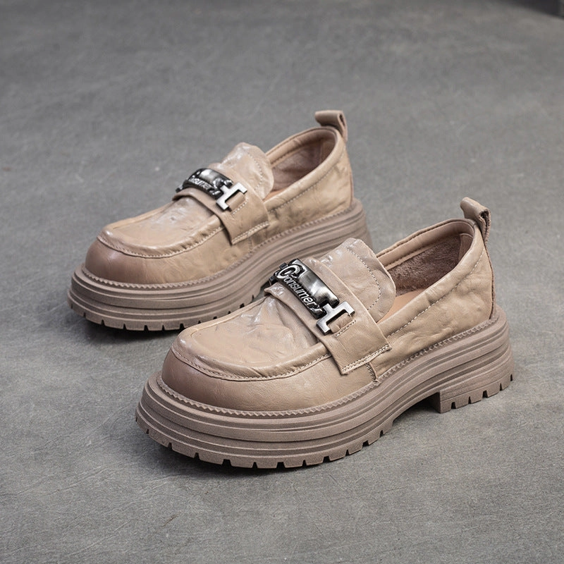 Chain Loafers Women Retro Minimalist Leather Thick Soled Casual Loafers