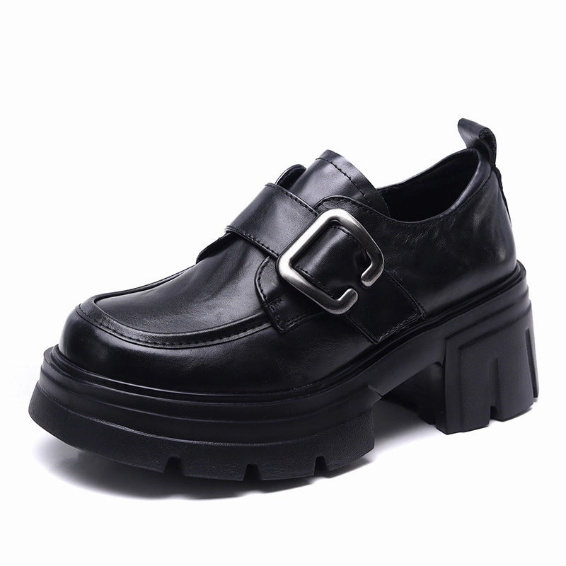 Discount Loafers Women Vintage Plain Leather Buckle Chunky Heel Loafers