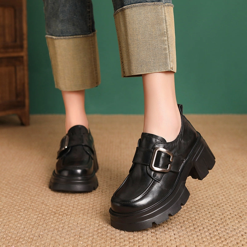 Women Vintage Plain Leather Buckle Chunky Heel Loafers Grenson Loafers