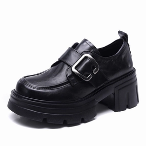 Vinny Loafers Women Vintage Plain Leather Buckle Chunky Heel Loafers
