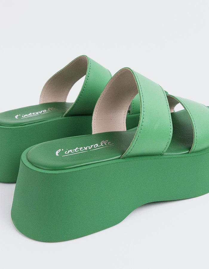 Happy Green Leather Leather Slip On Sandals
