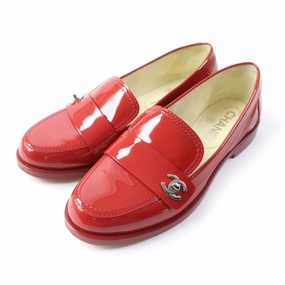 Chanel Patent Leather Loafers Red Silver 35 1/2C Super Lug Loafers