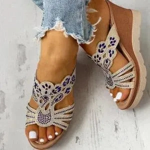 Slip on Rhinestone Wedge Sandals Denim Platform Sandals