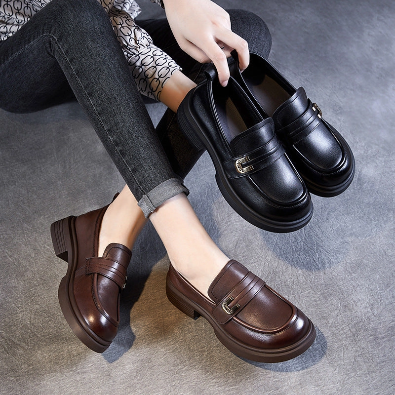 Leg Pants With Loafers Women Retro Leather Low Block Classic Loafers