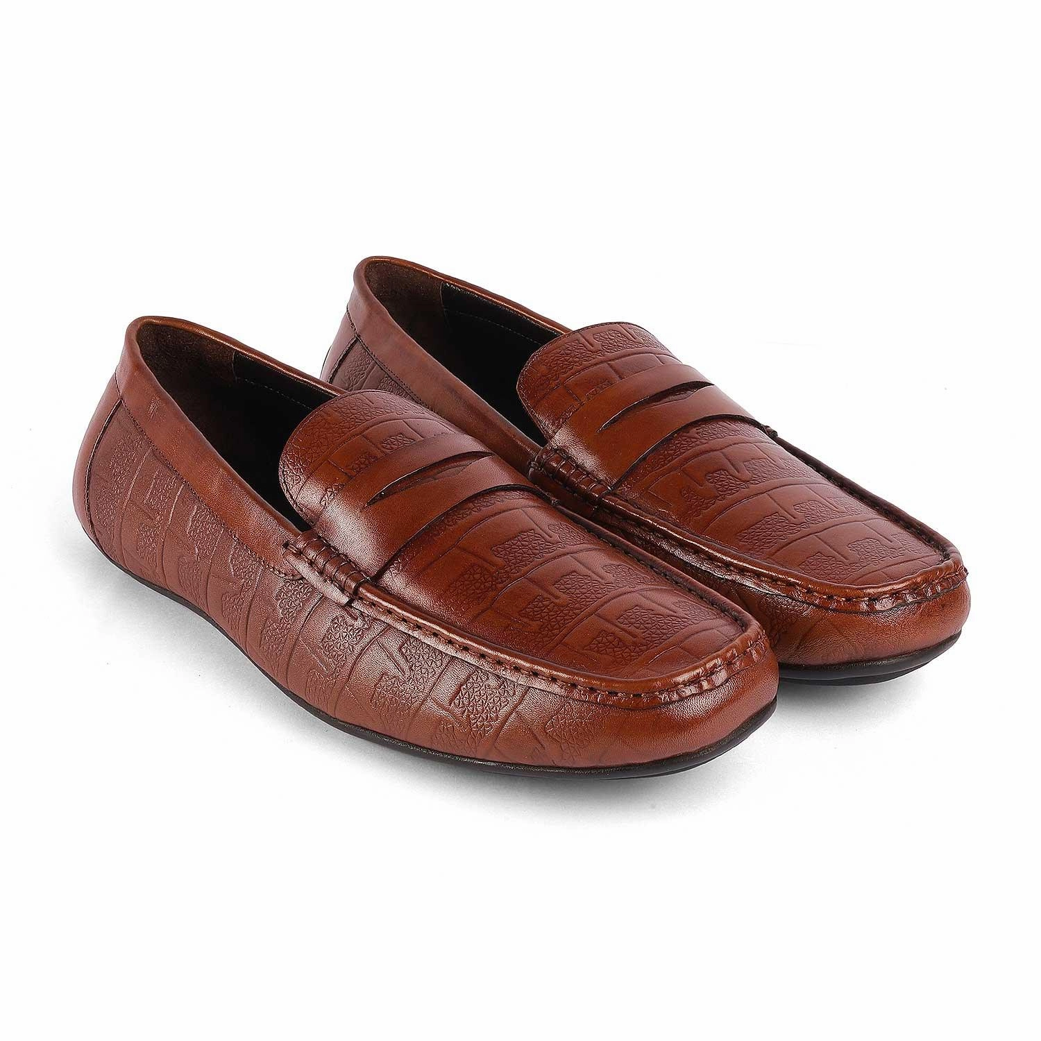 Shop Platform Loafers On Sale Tresmode Miland Tan Men's Leather Penny Driving Loafers