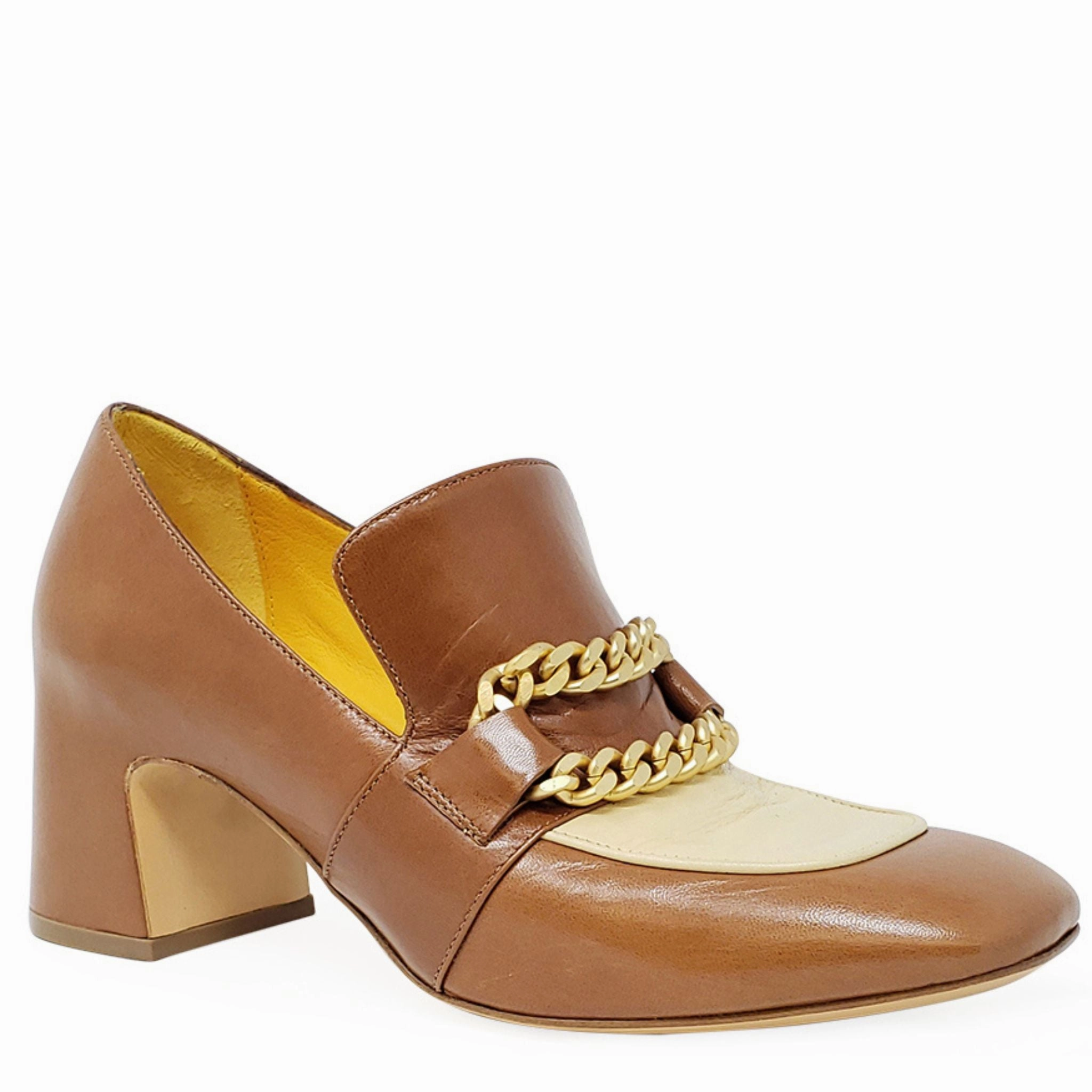 Tan & Cream Leather Mid Heel Loafer W/Chain Round Toe Loafers