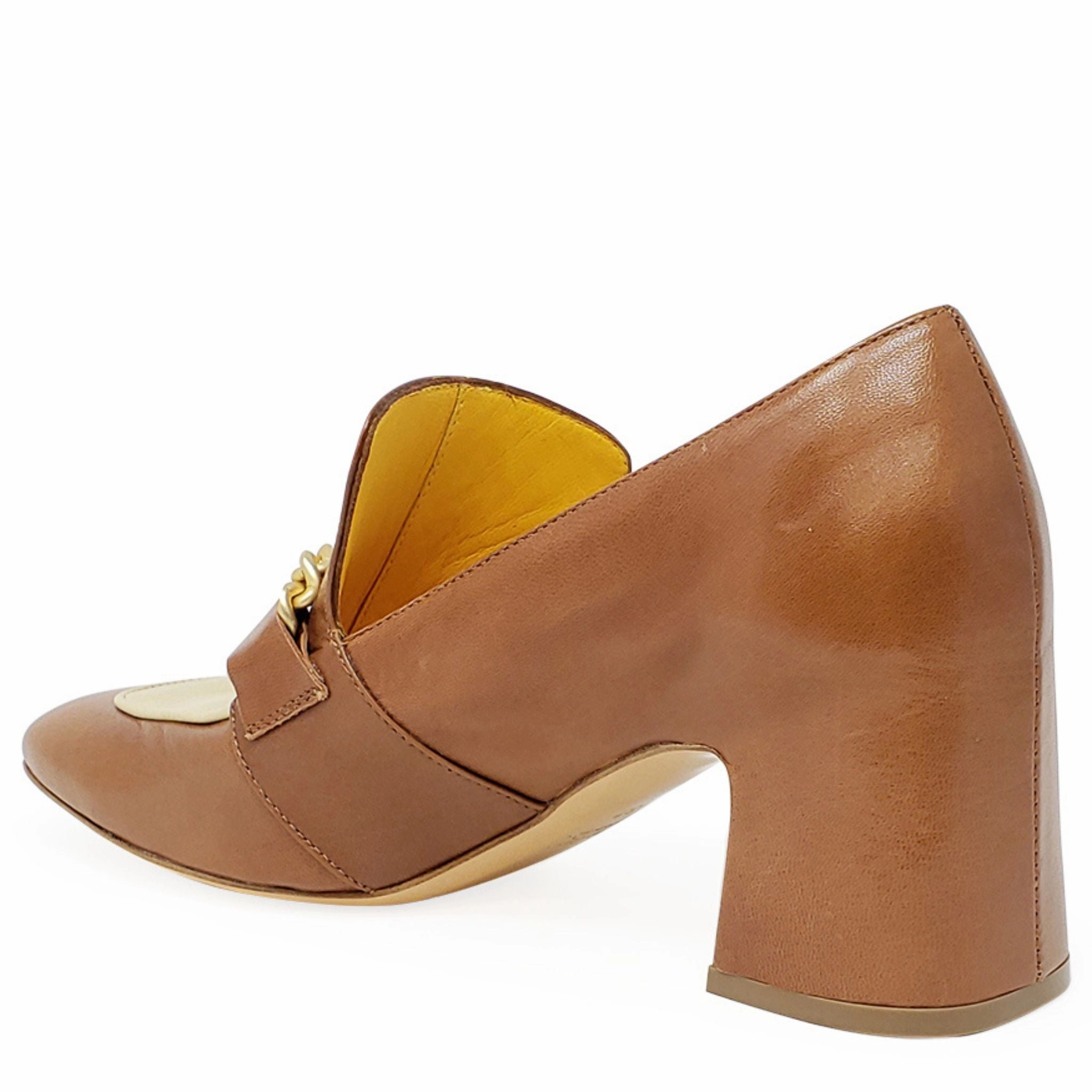 Princetown Loafers Tan & Cream Leather Mid Heel Loafer W/Chain