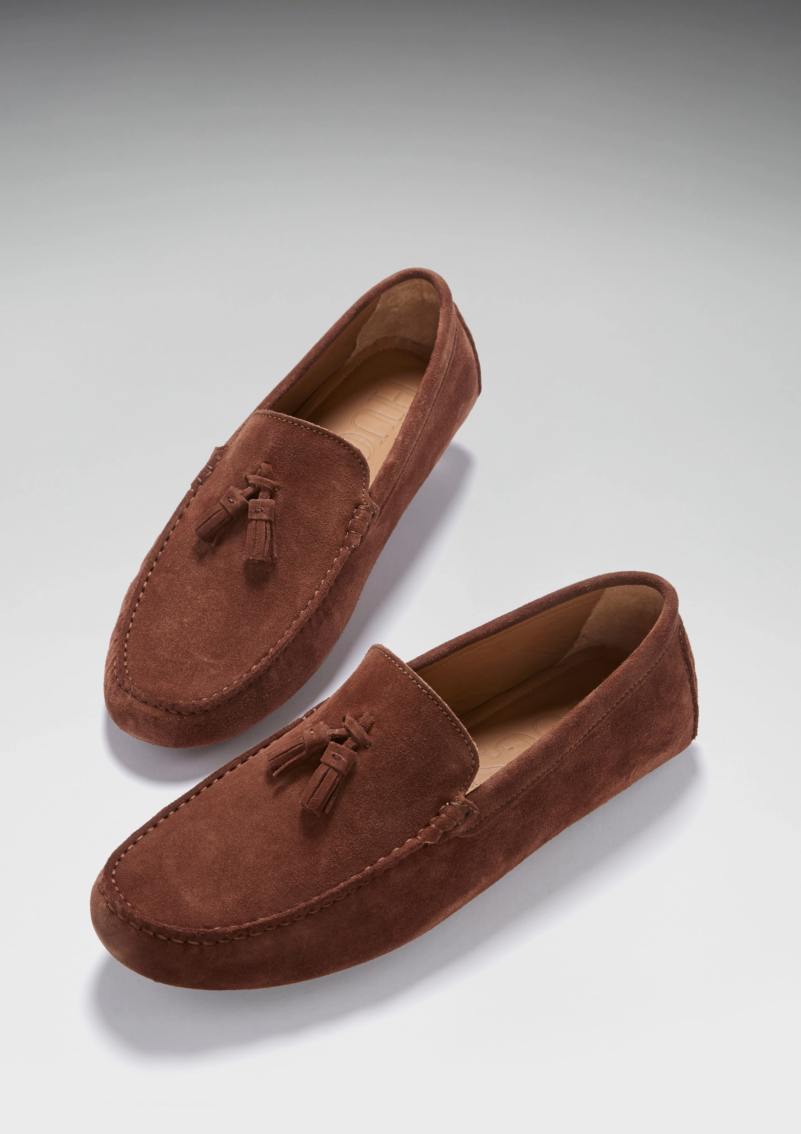 Tasselled Driving Loafers, mahogany brown suede Rubber Loafers